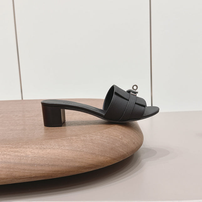 HM 26S KELLY HEEL SANDAL 50MM IN BLACK EPSOM CALFSKIN SILVER HARDWARE