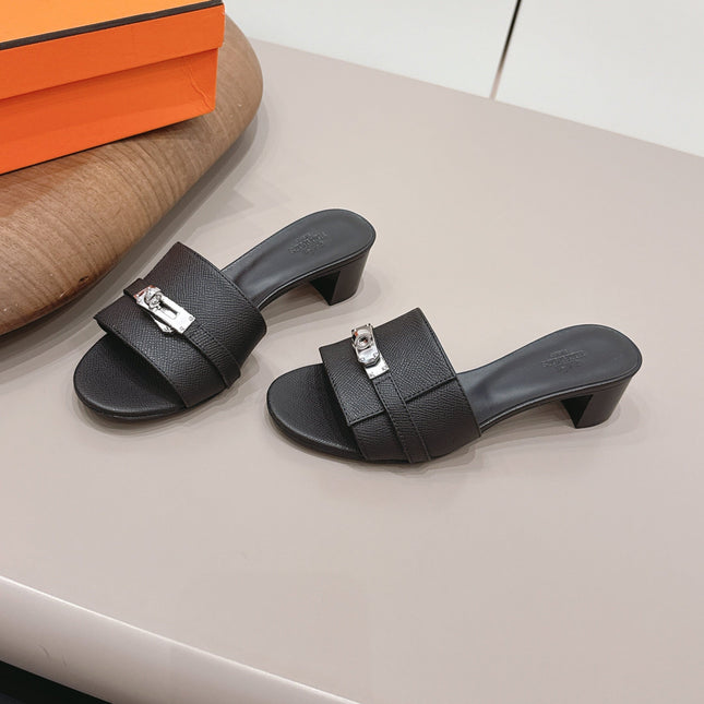 HM 26S KELLY HEEL SANDAL 50MM IN BLACK EPSOM CALFSKIN SILVER HARDWARE