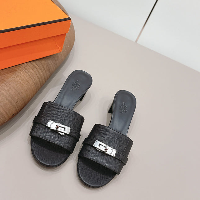 HM 26S KELLY HEEL SANDAL 50MM IN BLACK EPSOM CALFSKIN SILVER HARDWARE