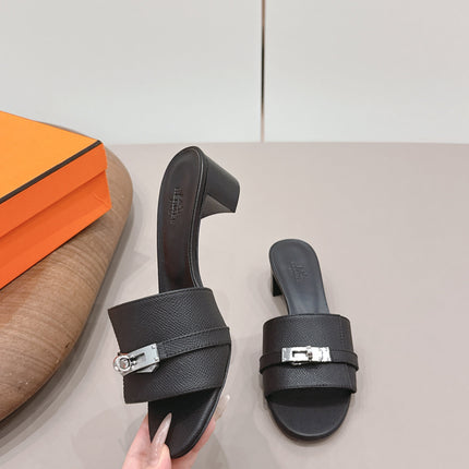 HM 26S KELLY HEEL SANDAL 50MM IN BLACK EPSOM CALFSKIN SILVER HARDWARE
