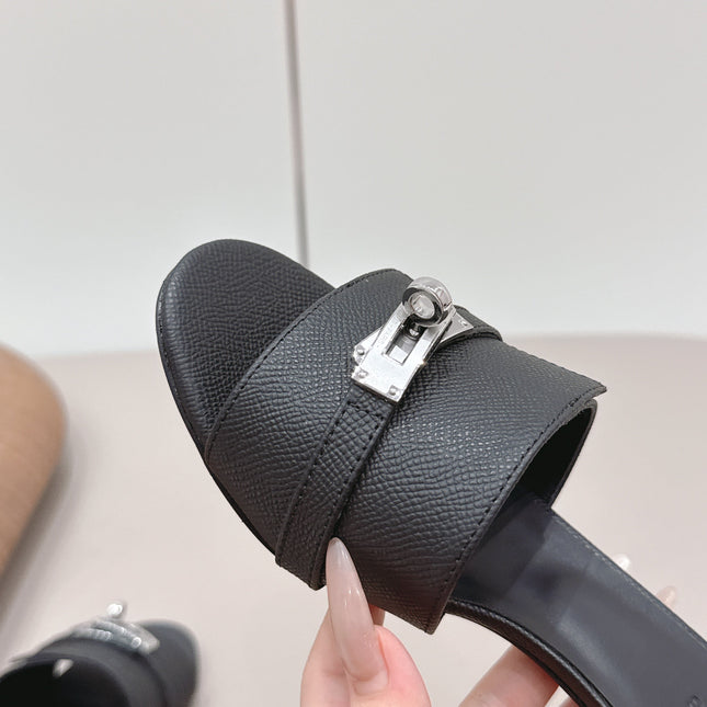 HM 26S KELLY HEEL SANDAL 50MM IN BLACK EPSOM CALFSKIN SILVER HARDWARE
