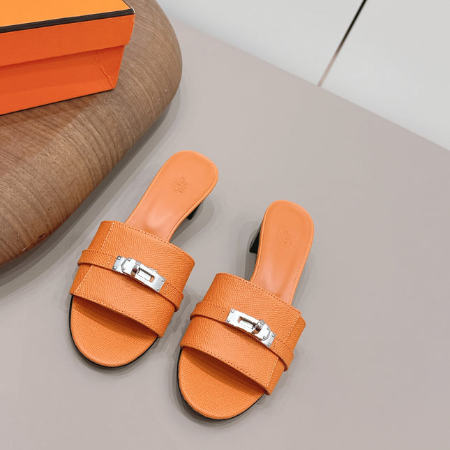 HM 26S KELLY HEEL SANDAL 50MM IN ORANGE EPSOM CALFSKIN SILVER HARDWARE