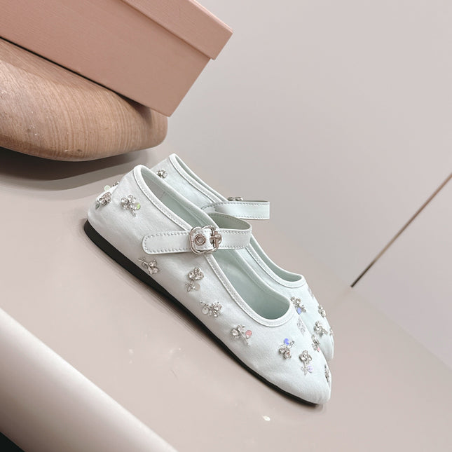 MIUMIU 26S MARY JANE BALLET FLATS IN WHITE FABRIC CRYSTAL EMBELLISHED