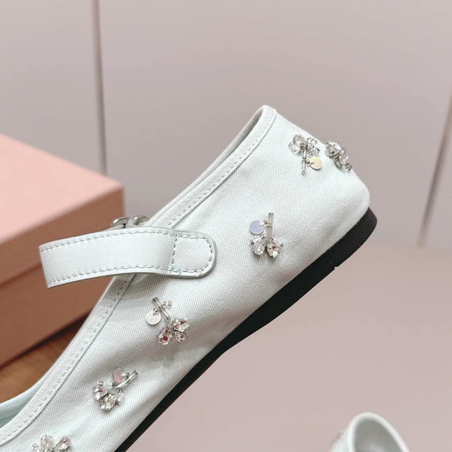 MIUMIU 26S MARY JANE BALLET FLATS IN WHITE FABRIC CRYSTAL EMBELLISHED