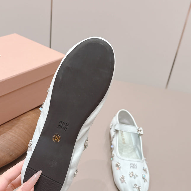 MIUMIU 26S MARY JANE BALLET FLATS IN WHITE FABRIC CRYSTAL EMBELLISHED
