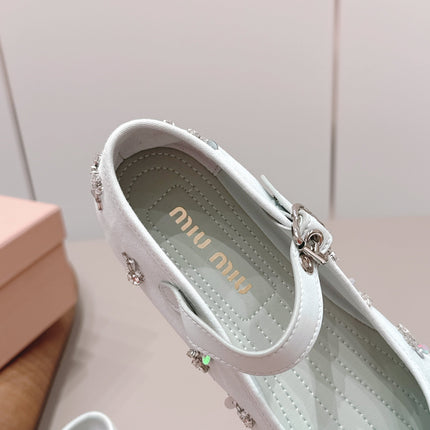 MIUMIU 26S MARY JANE BALLET FLATS IN WHITE FABRIC CRYSTAL EMBELLISHED