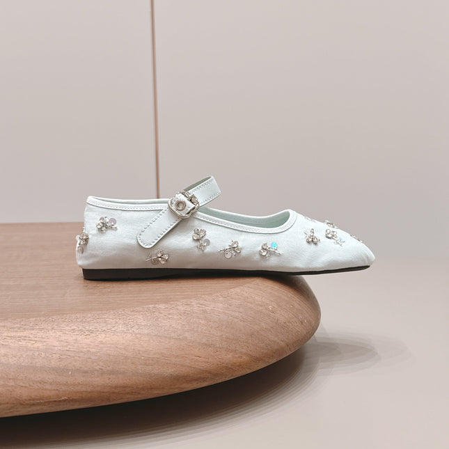 MIUMIU 26S MARY JANE BALLET FLATS IN WHITE FABRIC CRYSTAL EMBELLISHED