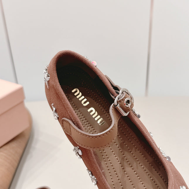 MIUMIU 26S MARY JANE BALLET FLATS IN BROWN FABRIC CRYSTAL EMBELLISHED