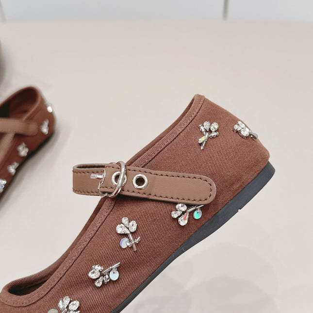 MIUMIU 26S MARY JANE BALLET FLATS IN BROWN FABRIC CRYSTAL EMBELLISHED
