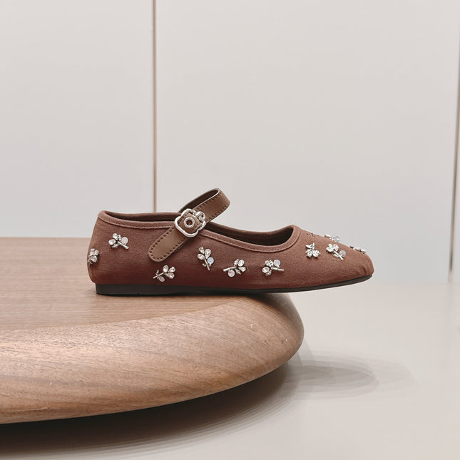 MIUMIU 26S MARY JANE BALLET FLATS IN BROWN FABRIC CRYSTAL EMBELLISHED