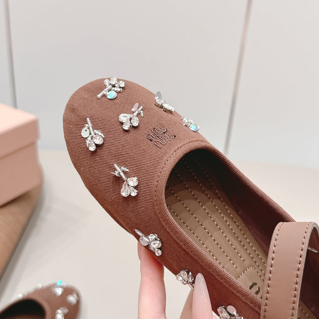 MIUMIU 26S MARY JANE BALLET FLATS IN BROWN FABRIC CRYSTAL EMBELLISHED