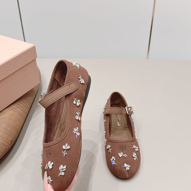 MIUMIU 26S MARY JANE BALLET FLATS IN BROWN FABRIC CRYSTAL EMBELLISHED