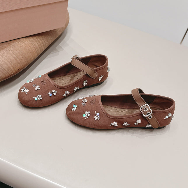 MIUMIU 26S MARY JANE BALLET FLATS IN BROWN FABRIC CRYSTAL EMBELLISHED