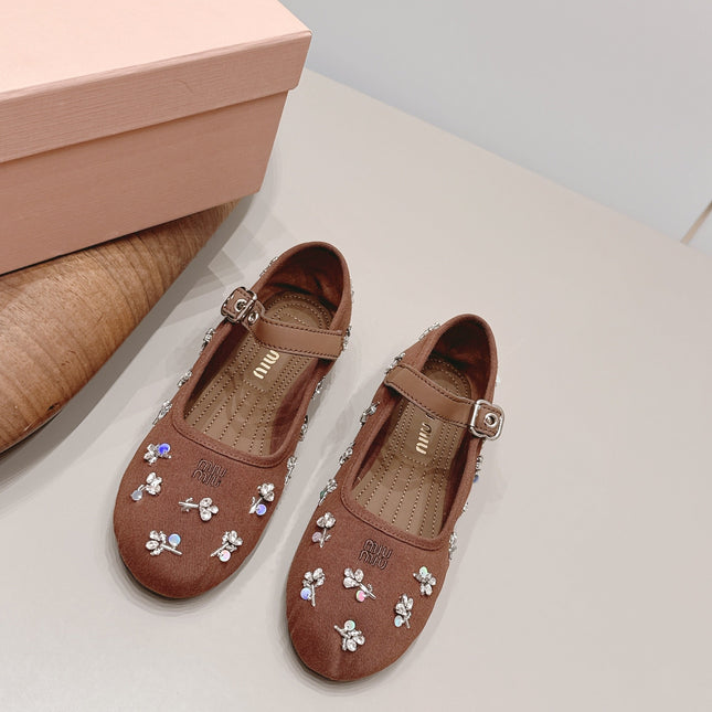 MIUMIU 26S MARY JANE BALLET FLATS IN BROWN FABRIC CRYSTAL EMBELLISHED