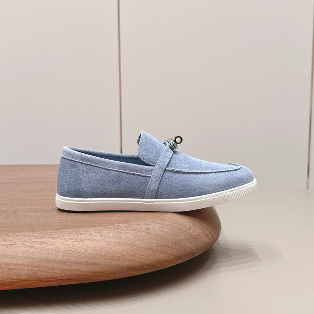 HM 26S KELLY PARIS LOAFERS IN LIGHT BLUE SUEDE SILVER HARDWARE