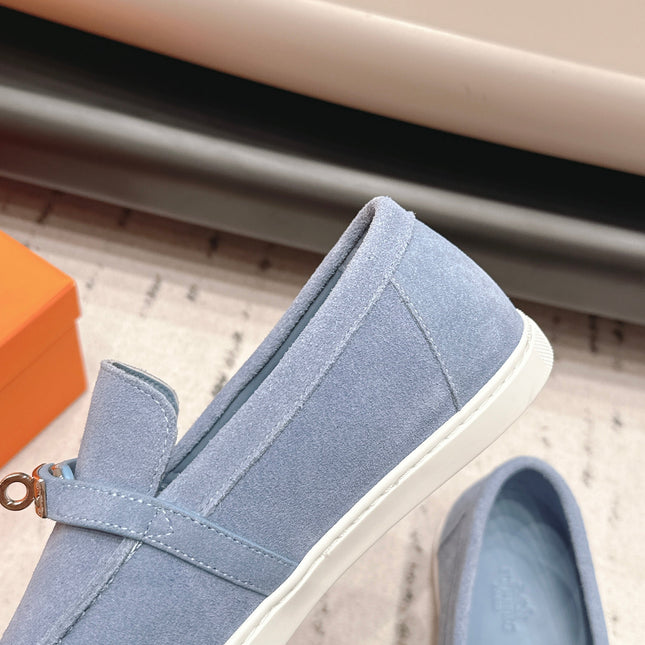 HM 26S KELLY PARIS LOAFERS IN LIGHT BLUE SUEDE SILVER HARDWARE