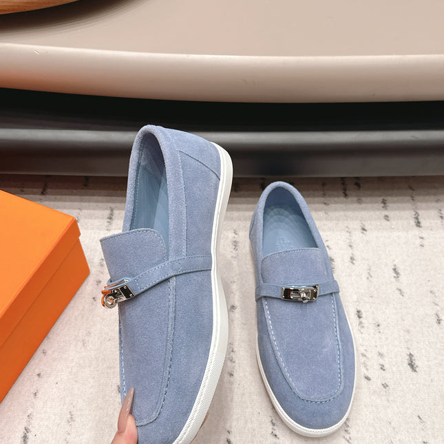 HM 26S KELLY PARIS LOAFERS IN LIGHT BLUE SUEDE SILVER HARDWARE