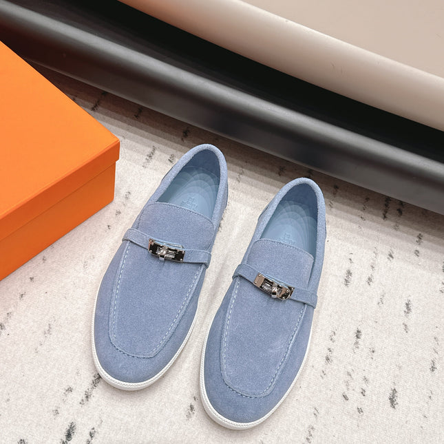 HM 26S KELLY PARIS LOAFERS IN LIGHT BLUE SUEDE SILVER HARDWARE
