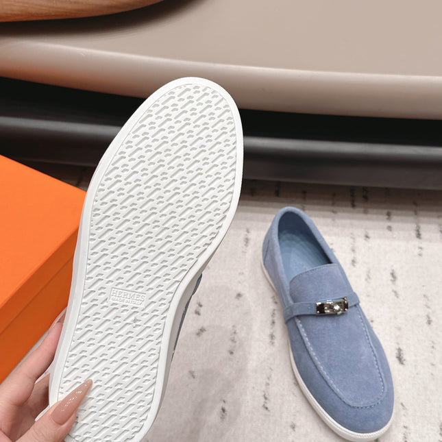HM 26S KELLY PARIS LOAFERS IN LIGHT BLUE SUEDE SILVER HARDWARE