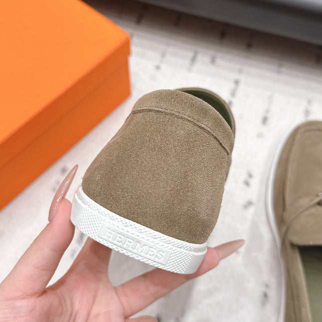 HM 26S KELLY PARIS LOAFERS IN OLIVE BROWN SUEDE SILVER HARDWARE