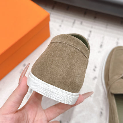HM 26S KELLY PARIS LOAFERS IN OLIVE BROWN SUEDE SILVER HARDWARE