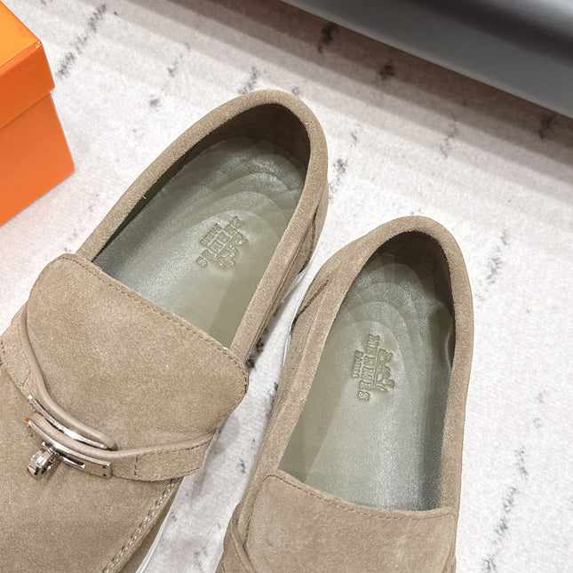 HM 26S KELLY PARIS LOAFERS IN OLIVE BROWN SUEDE SILVER HARDWARE