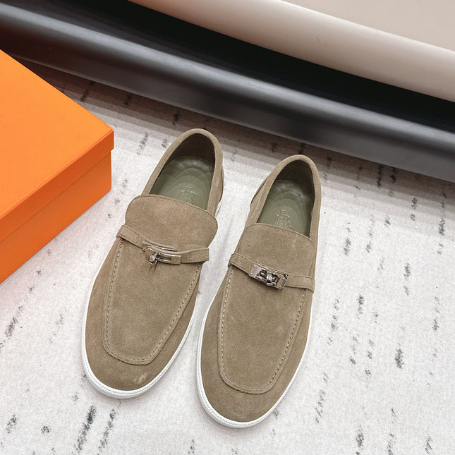 HM 26S KELLY PARIS LOAFERS IN OLIVE BROWN SUEDE SILVER HARDWARE