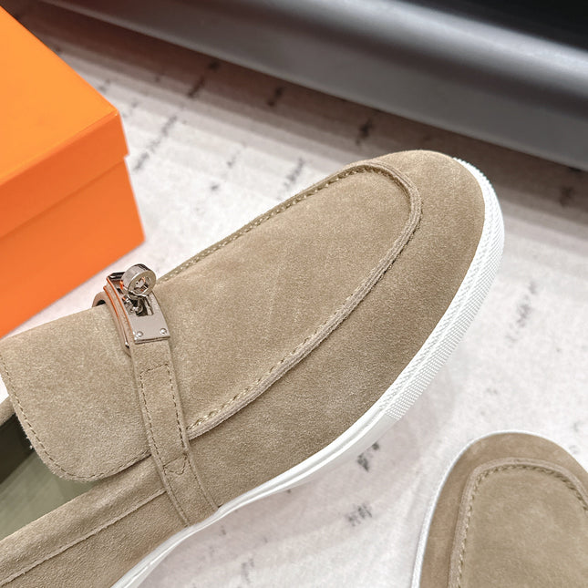HM 26S KELLY PARIS LOAFERS IN OLIVE BROWN SUEDE SILVER HARDWARE