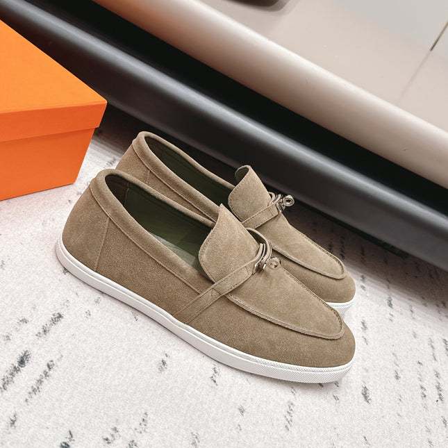 HM 26S KELLY PARIS LOAFERS IN OLIVE BROWN SUEDE SILVER HARDWARE