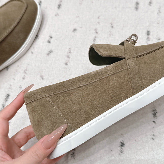 HM 26S KELLY PARIS LOAFERS IN OLIVE BROWN SUEDE SILVER HARDWARE