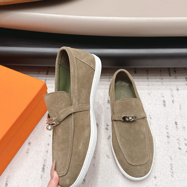 HM 26S KELLY PARIS LOAFERS IN OLIVE BROWN SUEDE SILVER HARDWARE