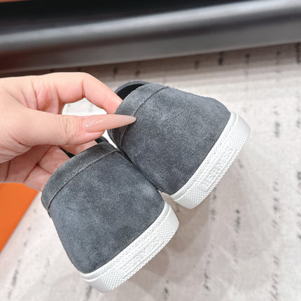 HM 26S KELLY PARIS LOAFERS IN BLUE GREY SUEDE SILVER HARDWARE