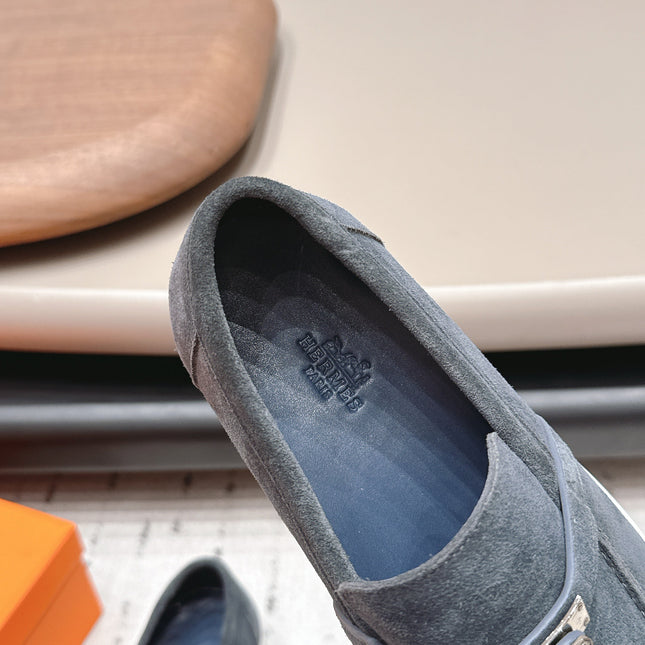 HM 26S KELLY PARIS LOAFERS IN BLUE GREY SUEDE SILVER HARDWARE