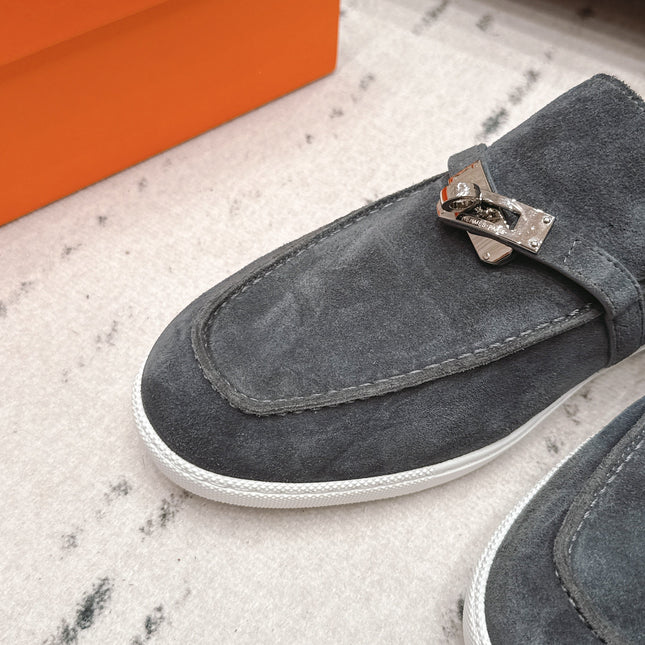 HM 26S KELLY PARIS LOAFERS IN BLUE GREY SUEDE SILVER HARDWARE