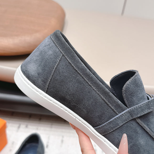 HM 26S KELLY PARIS LOAFERS IN BLUE GREY SUEDE SILVER HARDWARE
