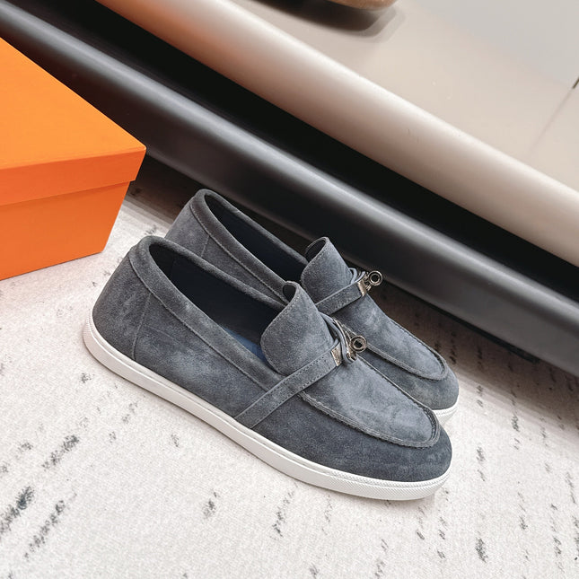 HM 26S KELLY PARIS LOAFERS IN BLUE GREY SUEDE SILVER HARDWARE