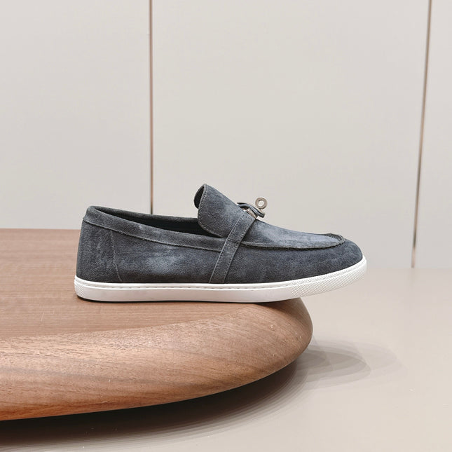 HM 26S KELLY PARIS LOAFERS IN BLUE GREY SUEDE SILVER HARDWARE