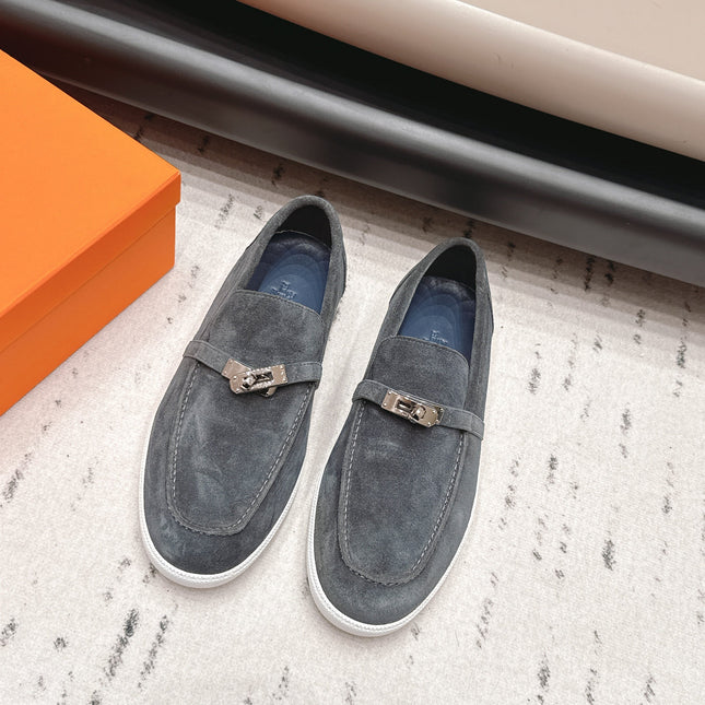 HM 26S KELLY PARIS LOAFERS IN BLUE GREY SUEDE SILVER HARDWARE
