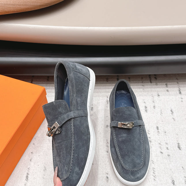HM 26S KELLY PARIS LOAFERS IN BLUE GREY SUEDE SILVER HARDWARE