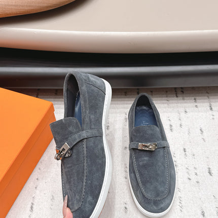 HM 26S KELLY PARIS LOAFERS IN BLUE GREY SUEDE SILVER HARDWARE