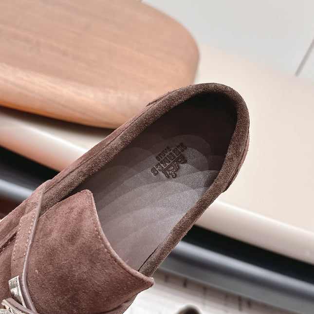 HM 26S KELLY PARIS LOAFERS IN DARK BROWN SUEDE SILVER HARDWARE