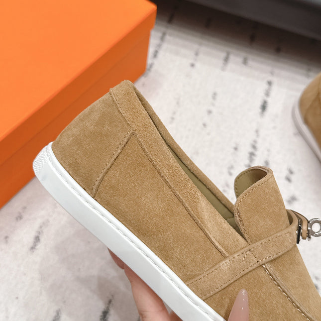 HM 26S KELLY PARIS LOAFERS IN LIGHT BROWN SUEDE SILVER HARDWARE
