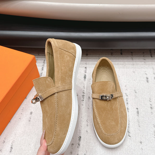 HM 26S KELLY PARIS LOAFERS IN LIGHT BROWN SUEDE SILVER HARDWARE