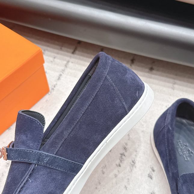 HM 26S KELLY PARIS LOAFERS IN NAVY BLUE SUEDE SILVER HARDWARE