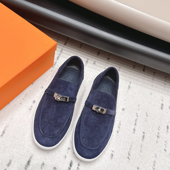 HM 26S KELLY PARIS LOAFERS IN NAVY BLUE SUEDE SILVER HARDWARE