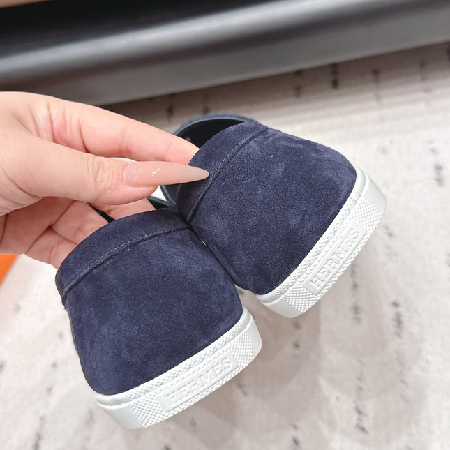 HM 26S KELLY PARIS LOAFERS IN NAVY BLUE SUEDE SILVER HARDWARE