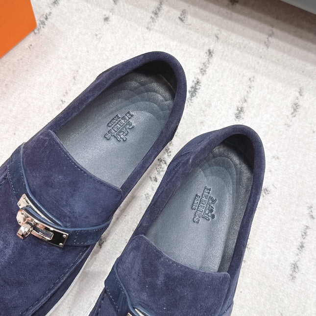 HM 26S KELLY PARIS LOAFERS IN NAVY BLUE SUEDE SILVER HARDWARE
