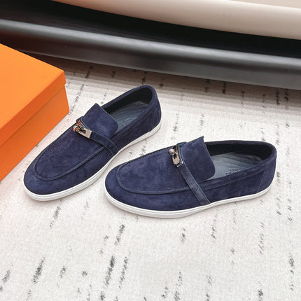 HM 26S KELLY PARIS LOAFERS IN NAVY BLUE SUEDE SILVER HARDWARE