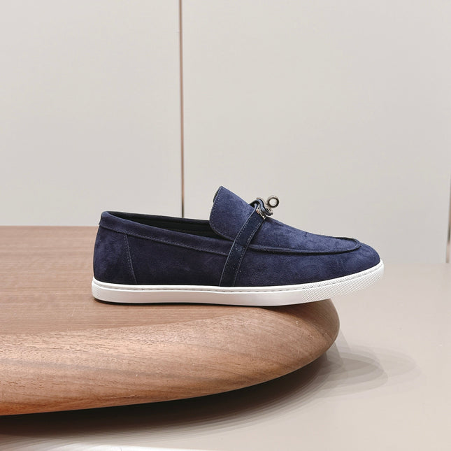 HM 26S KELLY PARIS LOAFERS IN NAVY BLUE SUEDE SILVER HARDWARE