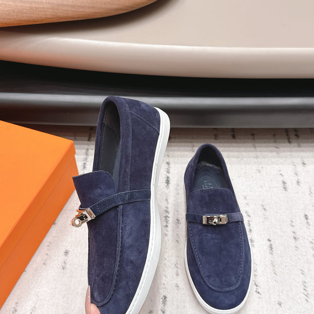 HM 26S KELLY PARIS LOAFERS IN NAVY BLUE SUEDE SILVER HARDWARE